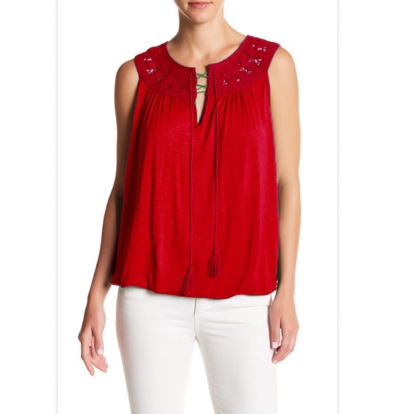 NWT $80 Max Studio Red Folk Peasant Top XS Sleeveless Tassel Crochet Jersey - Picture 1 of 10